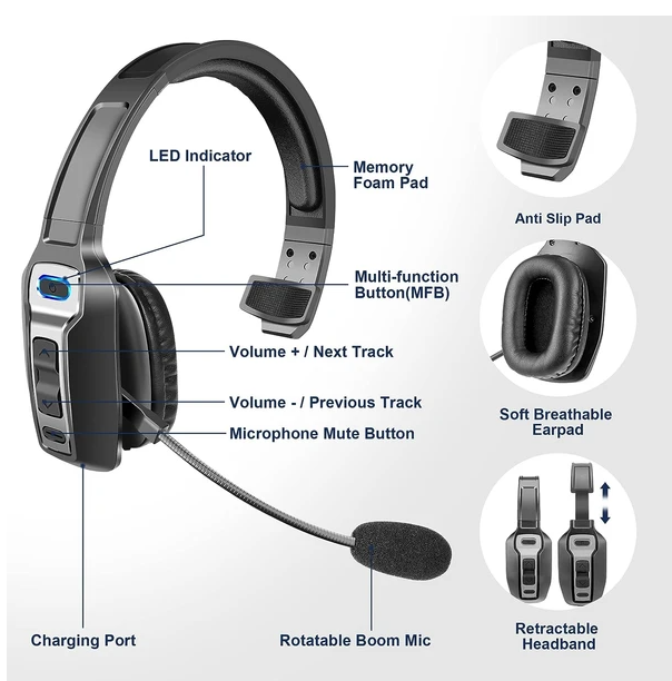 Trucker Bluetooth 5.2 Wireless Headset With Noise Cancelling Mic For Phones PC - view 5