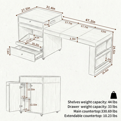 78.8inch Rolling Kitchen Island With 3-Stage Extendable Dining Table Seats 6-8, Built-in Power Outlet - view 7