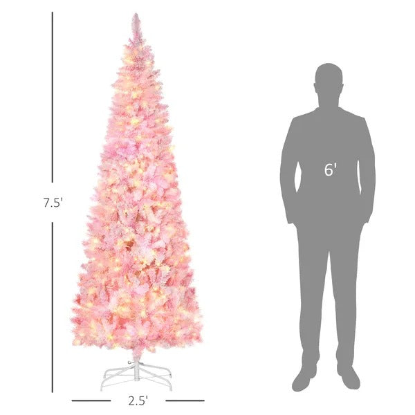 7.5 Foot Prelit Snow Flocked Artificial Christmas Tree With Pencil Shape, 700 Pine Realistic Branches - view 2