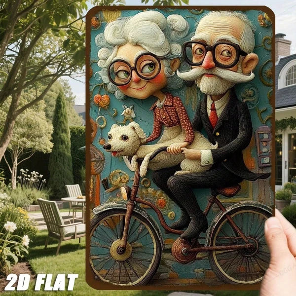 Vintage Metal Wall Art Retro Bike Couple With Dog Cyan Floral Background 8x12 Inch Farmhouse Home Decor Sign Gift