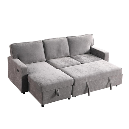 Upholstery Sleeper GREY Sectional Sofa With Storage Space, USB Port, 2 Cup Holders On Back Cushions - view 3