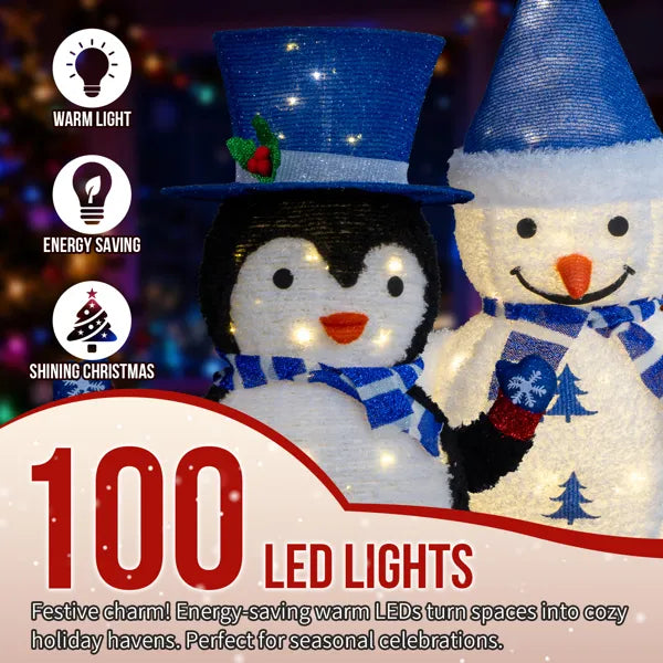 Set Of 2 Lighted Plush Penguin And Snowman Christmas Decorations, Pre-lit Pull Up Holiday Decor With 100 Warm White LED - view 6