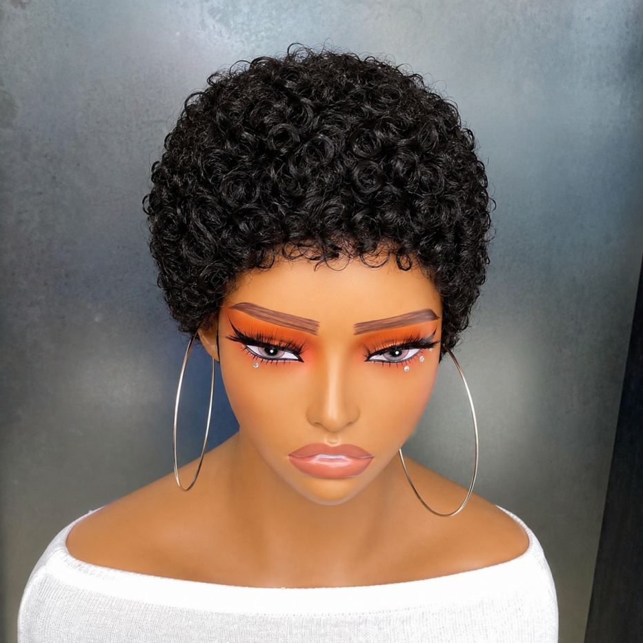 Pixie-style Human Hair Wig, Natural Color, Jerry Curly Texture, 4-inch Length. - view 8