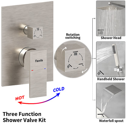 Male NPT Brushed Nickel Shower System, 12 Inch Shower Fixtures Rain Shower Head With Handheld Shower Spray, Wall Mount - view 5