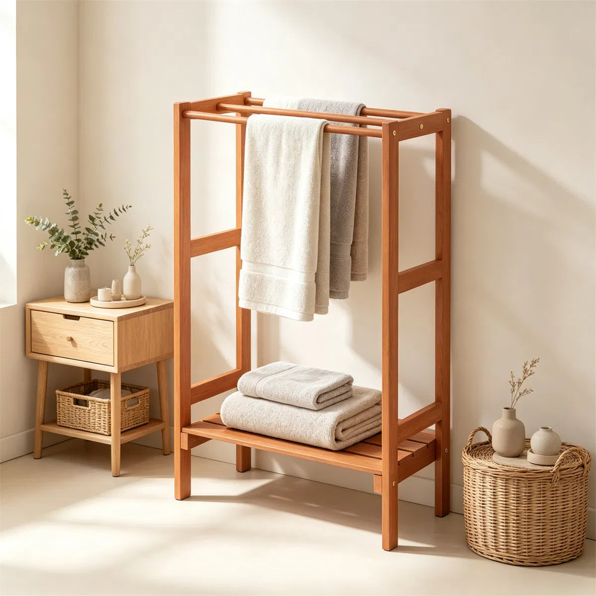 Natural Hardwood Towel Rack, Freestanding Blanket Stand with 3 Hanging Bars & Bottom Storage Shelf - view 10