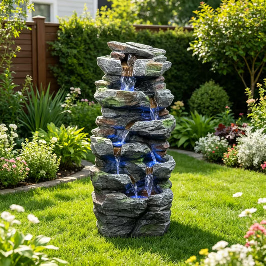 Rock Waterfall Outdoor Fountain With LED Lights Stone Garden Fountains Outdoor For Patio Lawn Cascading Tiered Outdoor