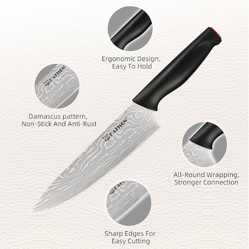 Damascus Pattern 15-Piece Kitchen Knife Set With Block, High Carbon Steel Chef Knife, Includes Sharpener And Scissors - view 2