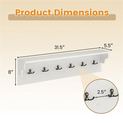 Wall Mount Coat Rack With Shelf - 31.5" x5.5" x8", 6 Hooks & 110LBS Capacity (White) - view 2