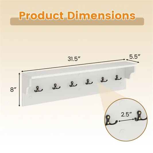 Wall Mount Coat Rack With Shelf - 31.5" x5.5" x8", 6 Hooks & 110LBS Capacity (White) - view 2