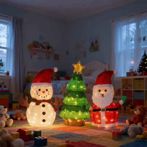 Set Of 3 Lighted Santa And Snowman And Xmas Tree Christmas Decorations - view 3