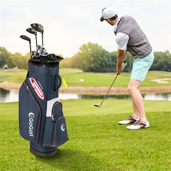 14-Way Golf Cart Bag - 6 Zippered Pockets+Cooler Pocket, Waterproof Zippers, Navy + Red - view 3
