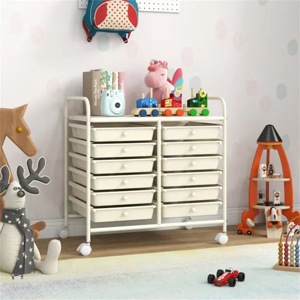 12-Drawer Rolling Storage Cart - 2-Row 10-Storey, Multicolor Drawers, 4 Wheels (2 Brake), White Frame-White - view 2