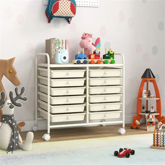 12-Drawer Rolling Storage Cart - 2-Row 10-Storey, Multicolor Drawers, 4 Wheels (2 Brake), White Frame-White - view 2