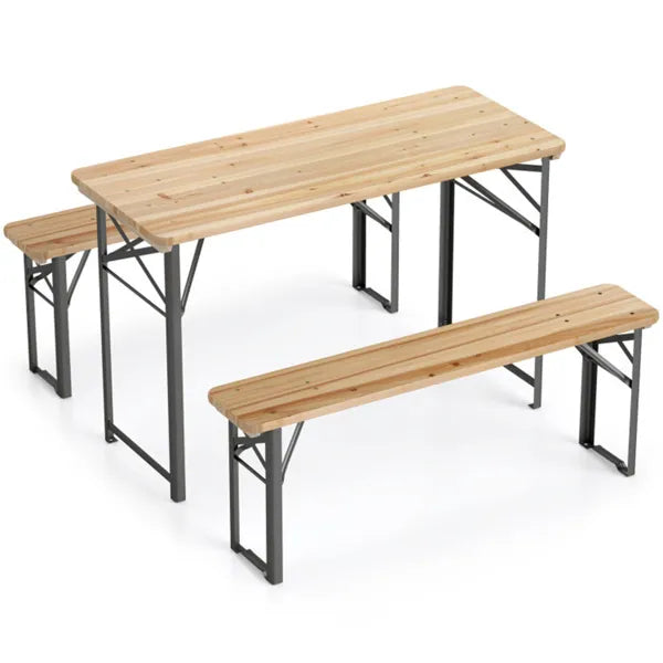 47" Foldable Picnic Table With 2 Benches, Solid Fir Wood Outdoor Dining Set With Sturdy Metal Frame For Patio Garden - view 5