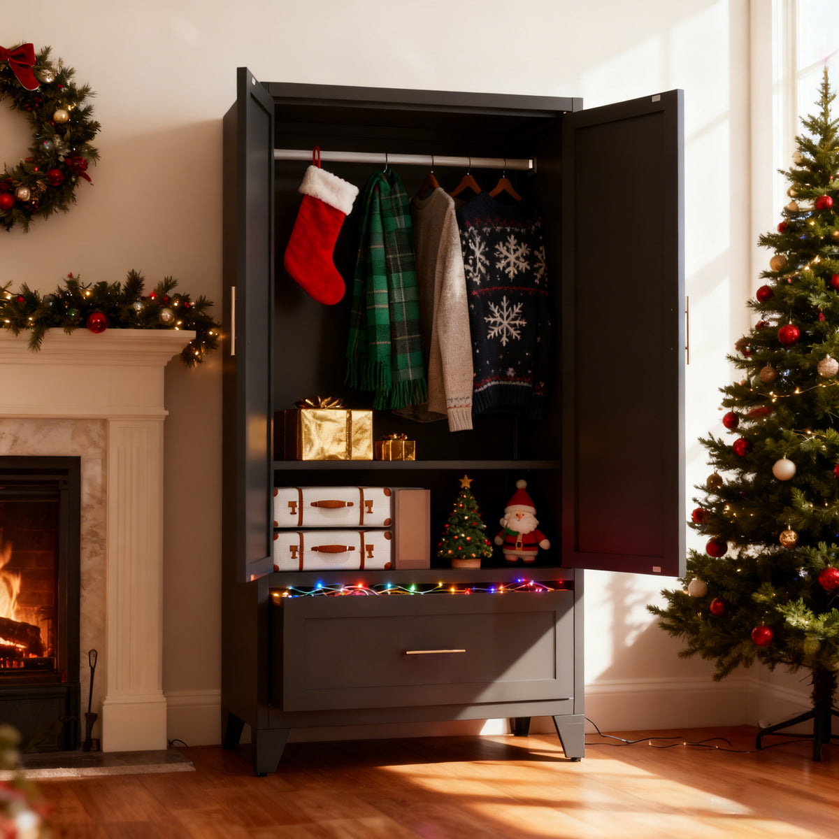 60inch Tall Metal Wardrobe Cabinet With 1 Drawer And Hanging Rod, 2 Doors Wardrobe Closet With Shelf For Bedroom