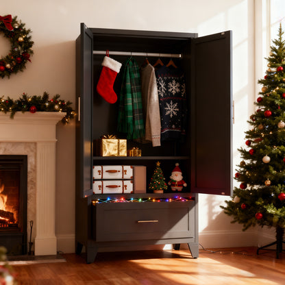 60inch Tall Metal Wardrobe Cabinet With 1 Drawer And Hanging Rod, 2 Doors Wardrobe Closet With Shelf For Bedroom