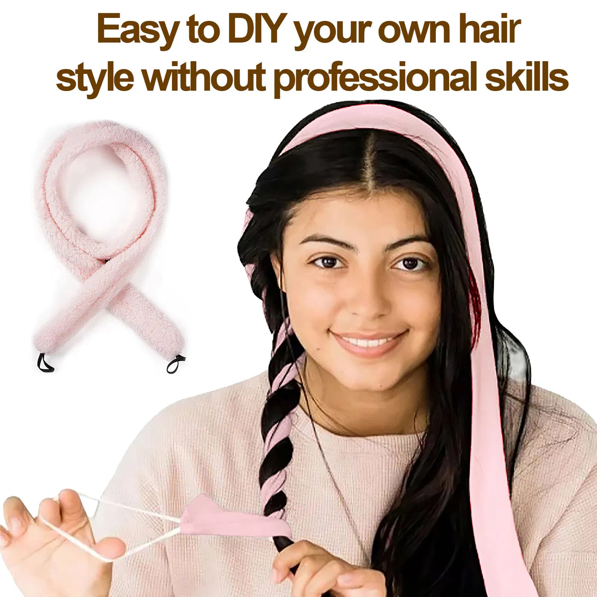 Satin Heatless Hair Curler, Lazy Natural Soft Wave DIY Heatless Curls For Sleep In Overnight, For All Hair Types - Pink - view 2