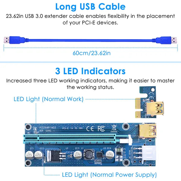 5Sets PCI-E PCI Express Risers GPU Mining Powered Riser Adapter Card W / 23.62in USB 3.0 Cable MOLEX To SATA - view 3