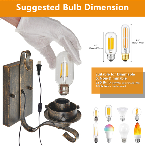 Only Supports Plug-in Rustic Farmhouse Wall Sconces Set Of 2, Vintage Industrial Plug-in Wall Lights With Clear Glass - view 7