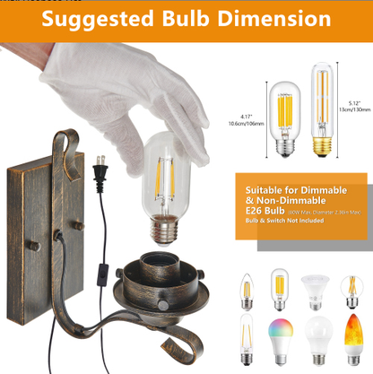 Only Supports Plug-in Rustic Farmhouse Wall Sconces Set Of 2, Vintage Industrial Plug-in Wall Lights With Clear Glass - view 7