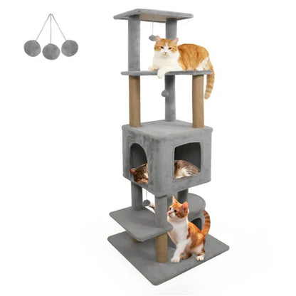 64" Light Gray Cat Tower With Plush Perches & 3 Dangling Balls, Jute Scratching Posts & Anti-Tipping Device