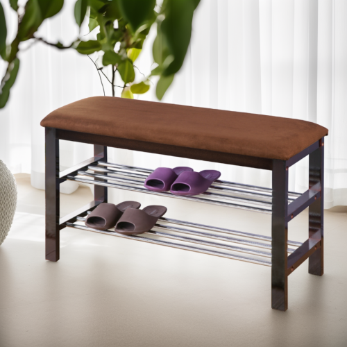 Wood Shoe Bench With Chocolate Microfiber Seat, Espresso - view 4