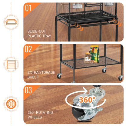 53" Large Flight Bird Cage with Rolling Stand & Storage Shelf for Parrots Lovebird Cockatiel Parakeets, Black - view 7