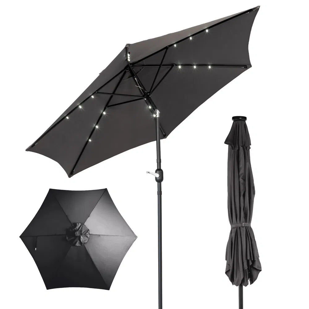9ft Solar LED Patio Umbrella With Push Button Tilt & Crank, 6 Ribs Waterproof Polyester Outdoor Market Table Umbrella - view 2