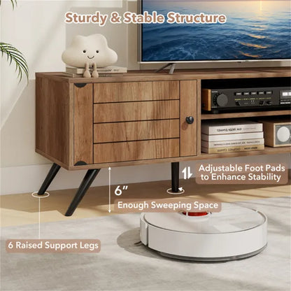 Oak Mid-Century Modern TV Stand For 65-Inch TVs, 210 Lbs Capacity Media Console With Storage Cabinets & Cable Management - view 4