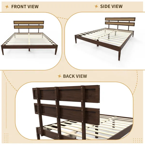 Dark walnut wood painted finish + rattan and pine wood double headboard King size bed, Bohemian style - view 9