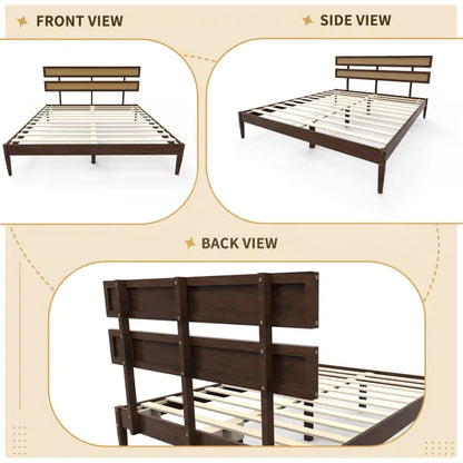 Dark walnut wood painted finish + rattan and pine wood double headboard King size bed, Bohemian style - view 9