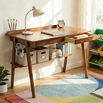 Solid Wood Writing Desk, Home Office Desk for Small Spaces, Mid Century Modern Desks with 2 Drawers & Storage Shelf - view 6