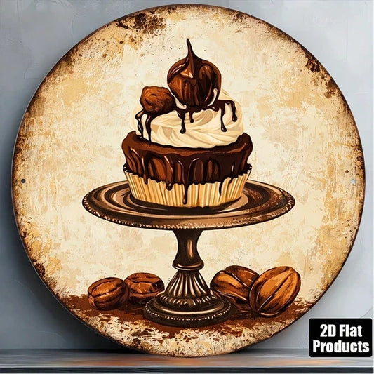 1pc 8x8in Vintage Chocolate Cake Round Sign, "D" Flat Bean, Decorative Plaque For Cafe Kitchen Restaurant Wall Decor - view 2
