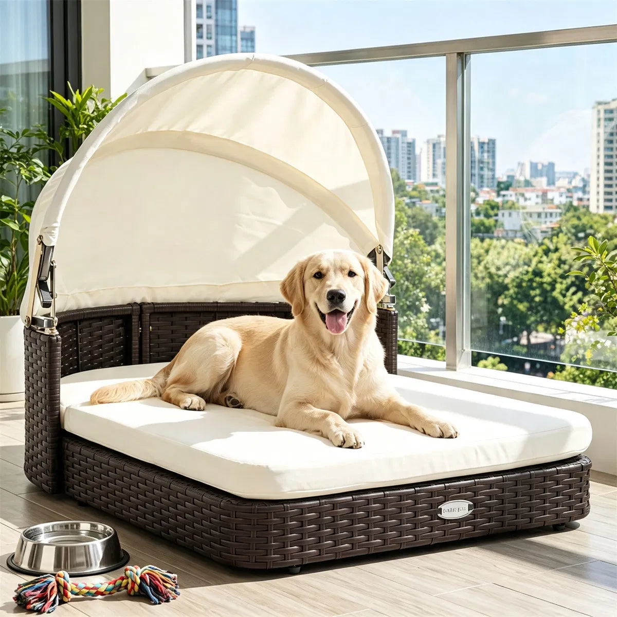 Hand-Woven PE Rattan Dog Bed with Adjustable Canopy, Elevated Outdoor Pet Daybed with Washable Plush Cushion - view 8