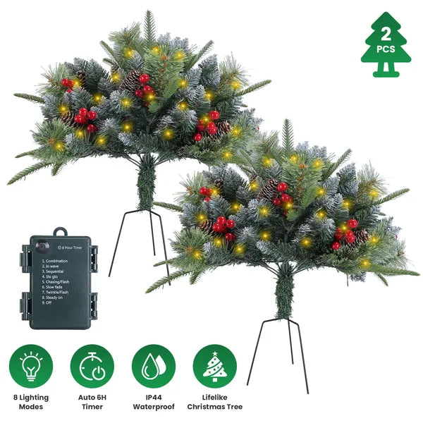 2Pcs Christmas Tree Urn Filler With Light Artificial Lighted Xmas Trees Light With Cones Berries Holiday Planter Filler