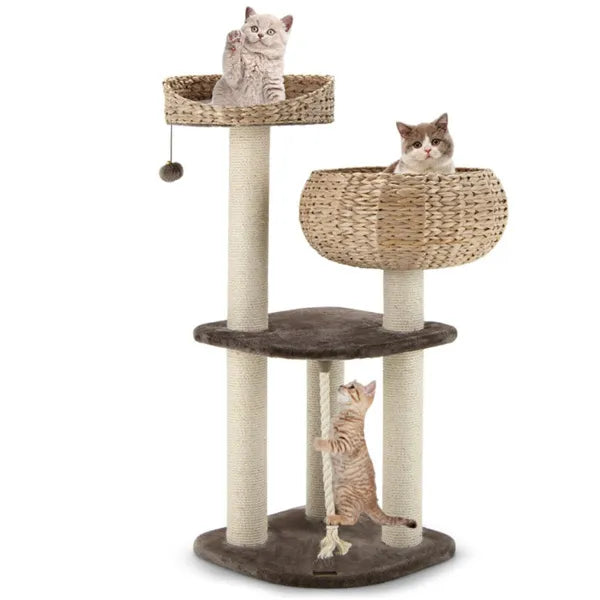 41 Inch Hand-Woven Water Hyacinth Cat Tree, 3 Sisal Scratching Posts Multi-Level Activity Center For Cats-Brown - view 5