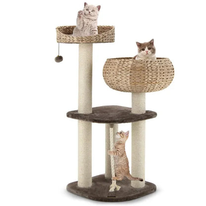 41 Inch Hand-Woven Water Hyacinth Cat Tree, 3 Sisal Scratching Posts Multi-Level Activity Center For Cats-Brown - view 5