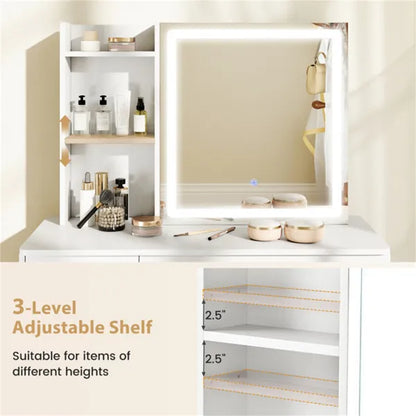 White Vanity Desk And Stool Set With Sliding Mirror & 3-Mode LED Light Strip - view 2