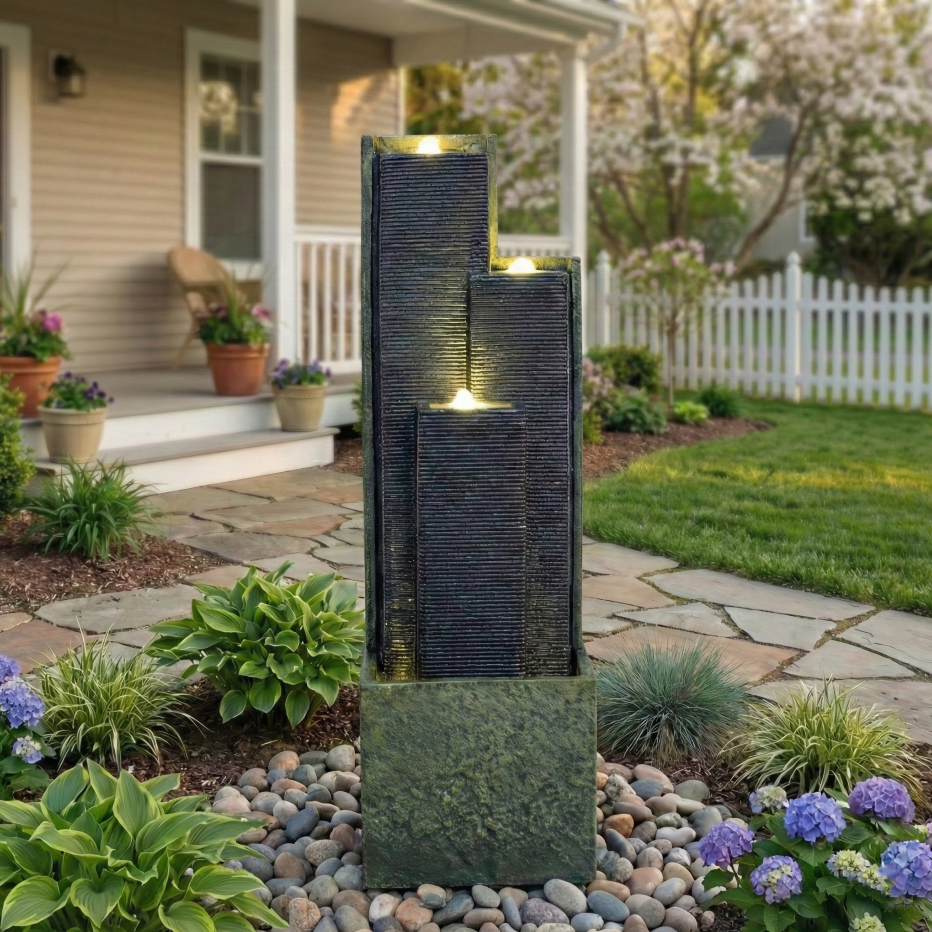 39inch H Outdoor Water Fountain Modern Cascading Freestanding Fountain With LED Lights For Garden Patio Porch Lawn Decor - view 7
