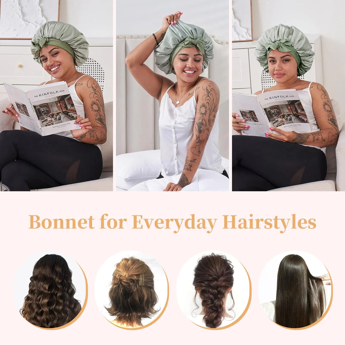 Silk Bonnet For Sleeping Women, Satin Hair Bonnet For Sleeping For Wavy Curly Natural Hair Women Men - Green - view 4