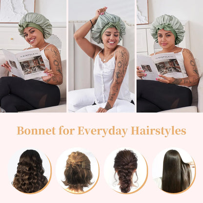 Silk Bonnet For Sleeping Women, Satin Hair Bonnet For Sleeping For Wavy Curly Natural Hair Women Men - Green - view 4