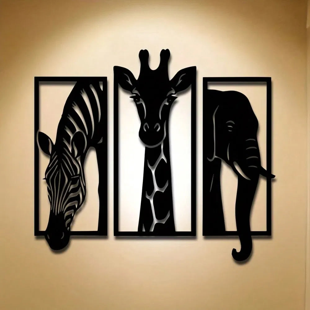 Metal Baked Paint African Animal 3-Piece Wall Art Set Zebra Giraffe Elephant Home Decor - view 4