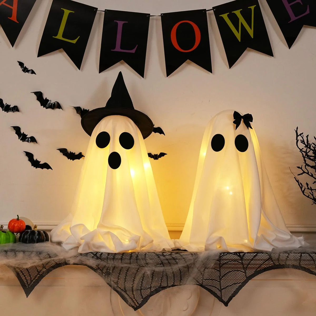 Light Up Halloween Scary Ghost Decorations, Set of 2 DIY Spooky Crafts for Indoor Home Mantel Shelf & Tabletop Decor - view 7