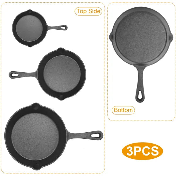 3Pcs Pre-Seasoned Cast Iron Skillet Set 6/8/10in Non-Stick Oven Safe Cookware Heat-Resistant Frying Pan - view 2