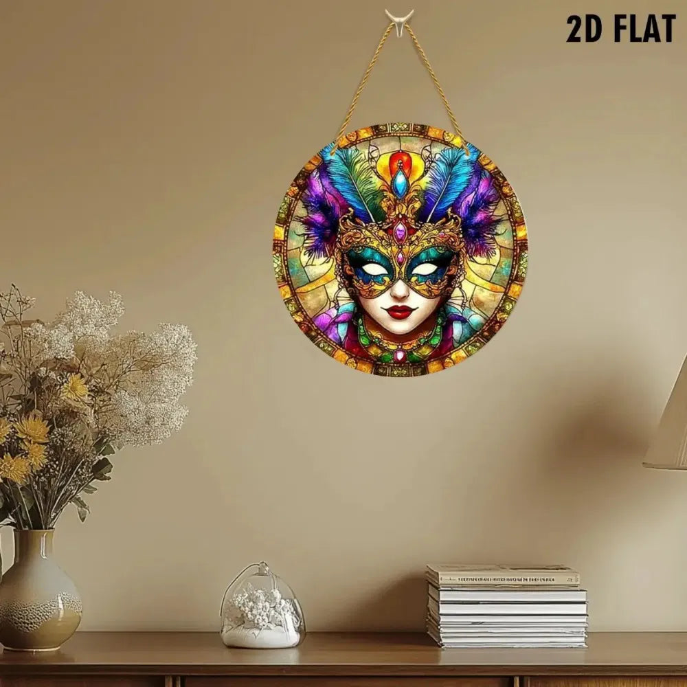 Carnival Mask Acrylic Pendant Colorful Feathers Gemstones Design for Indoor Outdoor Decor - view 5
