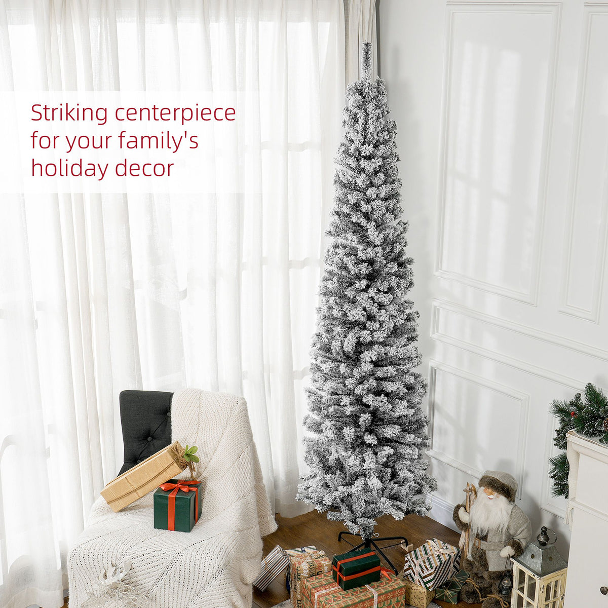 7.5ft Flocked Christmas Tree, Pencil Christmas Tree With Realistic Branch Tips, Folding Metal Stand, Black - view 3