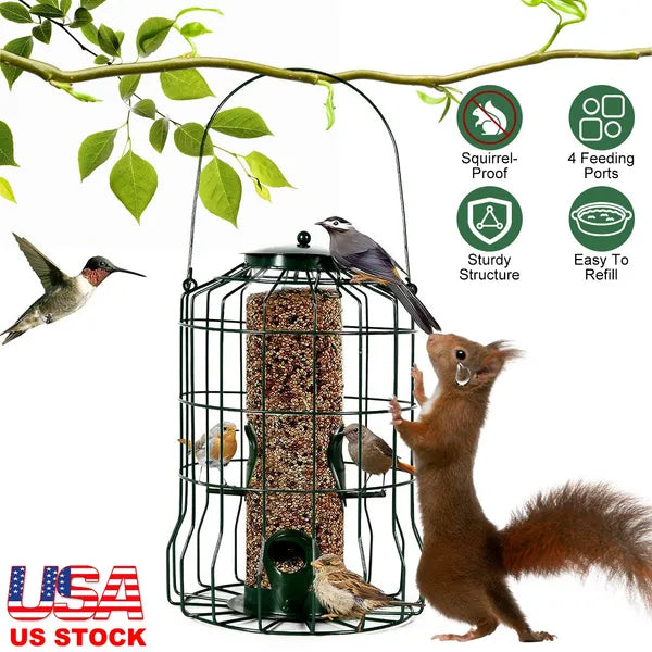 Outdoor Wild Bird Feeder Squirrel-Proof Chew-Proof Metal Hanging Seed Feeder With 4 Feeding Ports For Small Songbirds