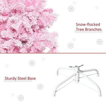 5 FT Snow Flocked Artificial Christmas Tree, Pencil Xmas Tree With Realistic Branches, Auto Open And Steel Base, Pink - view 4