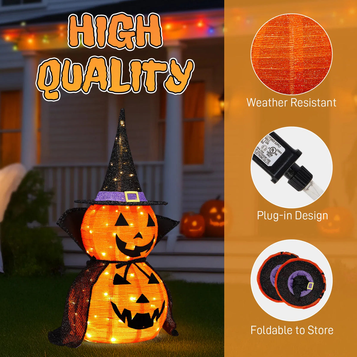 2Packs 3FT Halloween Collapsible Lighted Pumpkin Decoration, 176 LED Pop-Up Pumpkin Lamp with Cape - view 10