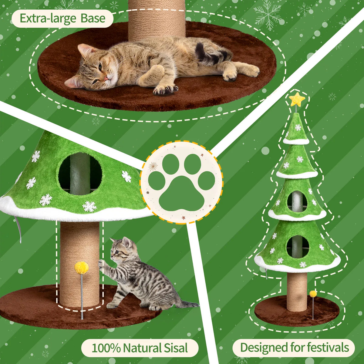 59in Large Tall Christmas Tree Cat Tower with 2 Cat Condos & Scratching Post - view 4